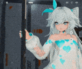 a girl with white hair and blue eyes is standing in front of a door with the letter c on it