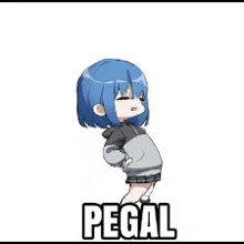 a cartoon girl with blue hair is standing in front of a white background with the word pegal written on it .