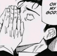 a black and white drawing of a man with his hands on his face and the words oh my god on the bottom right