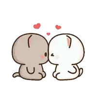 a couple of cartoon cats kissing each other with hearts flying around them .