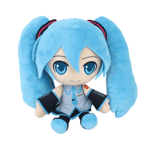 hatsune miku stuffed doll with blue hair and blue eyes sitting on a white surface