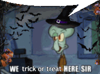 squidward from spongebob is wearing a witch hat and says we trick or treat here sir
