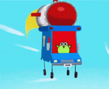 a cartoon character is flying through the air in a blue vehicle with wheels .