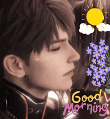 a picture of a man with purple flowers and the words good morning on it