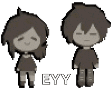 a pixel art drawing of a boy and a girl with the word eyy written below them