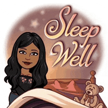 a cartoon woman is sitting on a bed with a teddy bear and the words sleep well written on it .