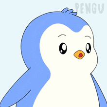 a blue and white penguin with a yellow beak is standing in front of the word pengu