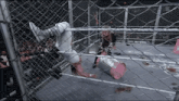 a wrestler falls through a chain link fence in a cage