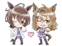 two anime characters are standing next to each other with a heart in the middle
