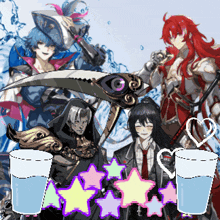 a group of anime characters standing next to each other with two cups of water in front of them