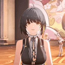a girl with short black hair and a choker around her neck is smiling