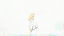 a girl in a white dress is standing on a white background