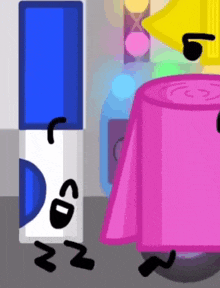 a cartoon drawing of a blue and white object standing next to a pink object and a table cloth .
