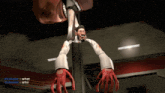 a cartoon of a man with a beard and red gloves hanging from a pole with the words dicksalot what and who below