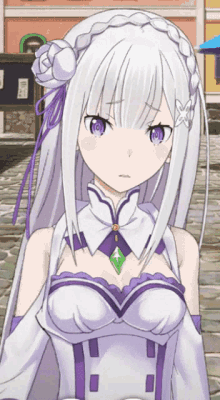 a girl with white hair and purple eyes has a green necklace