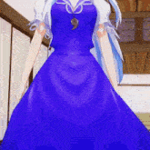 a girl in a blue dress has a necklace with a number 9 on it