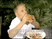 a young boy is eating a hamburger and french fries .