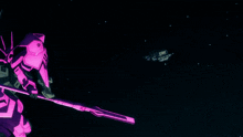 a pink robot with a spear is flying through the air