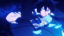 a person with blue hair is holding a blue box with a chain around their neck