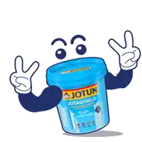 a cartoon of a bucket of jotun paint giving the peace sign