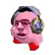 a pink kirby with glasses and a scarf around his head .