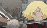 a man with blonde hair is holding a sword in his right hand
