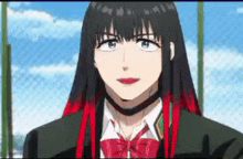 a girl with long black hair and red highlights is wearing a choker necklace and a school uniform .