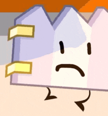 a cartoon character with a sad face is standing on a sandy beach .