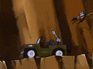 Animation of a bird robot shooting a car robot off a cliff