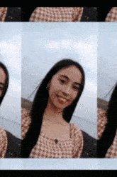 a woman in a plaid shirt is smiling in a collage of three pictures
