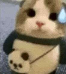 a stuffed cat is wearing a panda costume and a scarf .