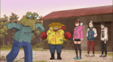 a group of cartoon characters are standing in front of a building with one wearing a hoodie that says ' all star '