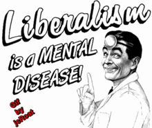a man with a stethoscope on his head is pointing up at the word liberalism