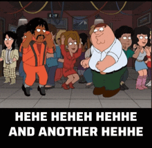 a cartoon of peter griffin and michael jackson dancing with the caption " hene hene hene and another hene "