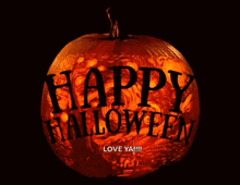 a carved pumpkin that says happy halloween on it