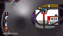 a video game screen with a sign that says " thie "