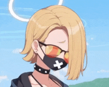 a girl wearing a black mask with a white cross on it