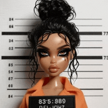 a barbie doll is holding a sign that says 83'5'989 delight