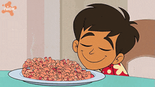a cartoon of a boy smelling a plate of food with the nick logo in the background
