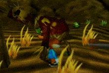a cartoon character is standing in a field with a skeleton in the background