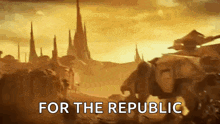 a painting of a desert landscape with the words `` for the republic '' written in the foreground .
