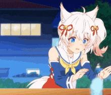 a girl with white hair and blue eyes is standing in front of a building