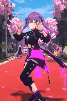 a girl with purple hair and a purple skirt is standing on a red carpet