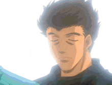 a man with his eyes closed is looking down at something