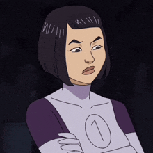 a woman in a purple and white superhero outfit with the number 1 on her chest