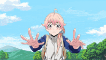 a girl with pink hair has her hands outstretched towards a man