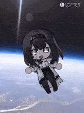 a cartoon of a girl floating in space with lofter written on the bottom right