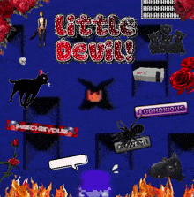 a blue background with the words little devil in red