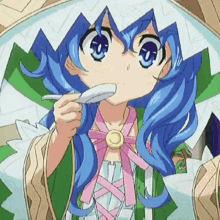 a girl with blue hair is holding a spoon to her mouth