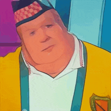 a cartoon of a man wearing a yellow jacket and a plaid hat
